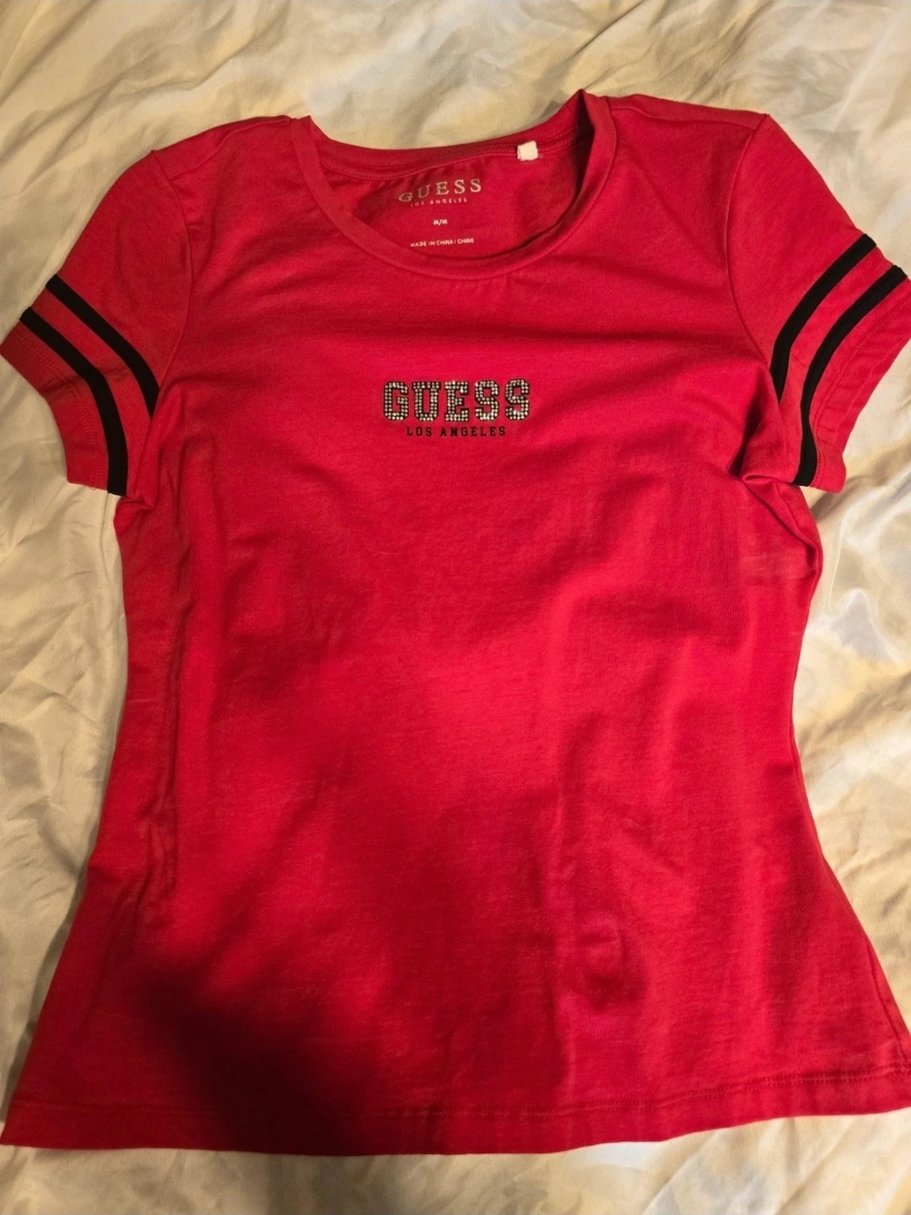 GUESS Red Short Sleeve Rhinestone Logo Tee with Black Stripe Sleeves